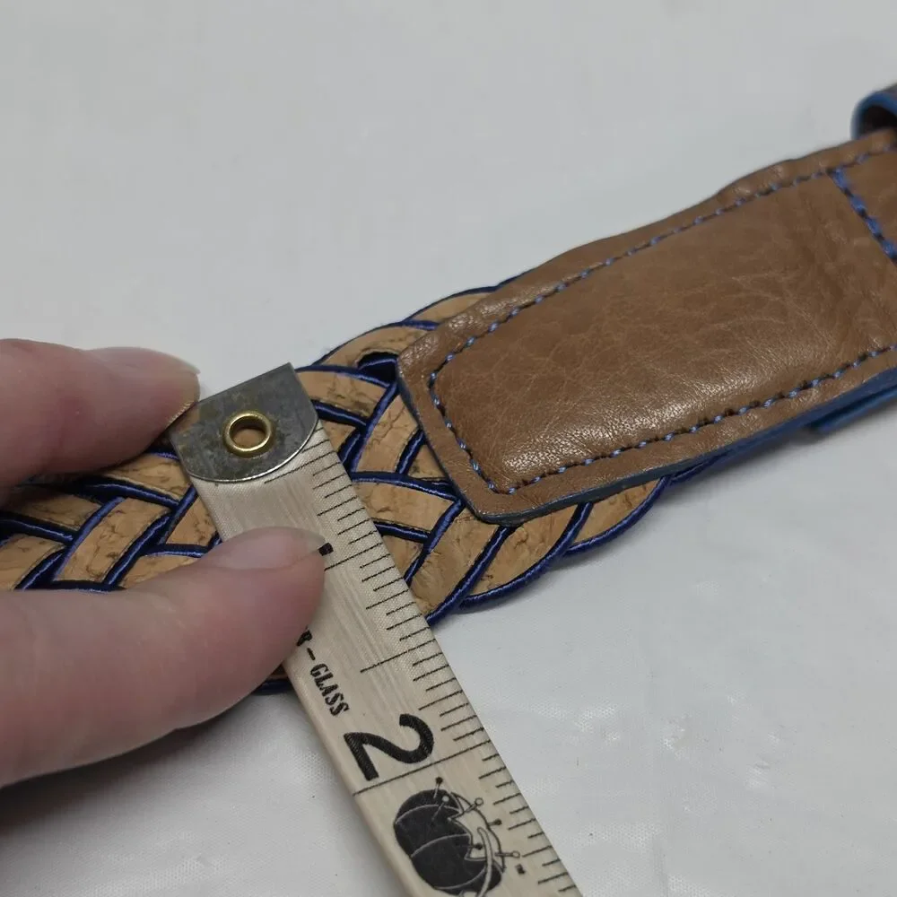 Torino Men’s 52 Woven Leather Belt Cork Fabric Weave Made In USA Cobalt Blue/Tan